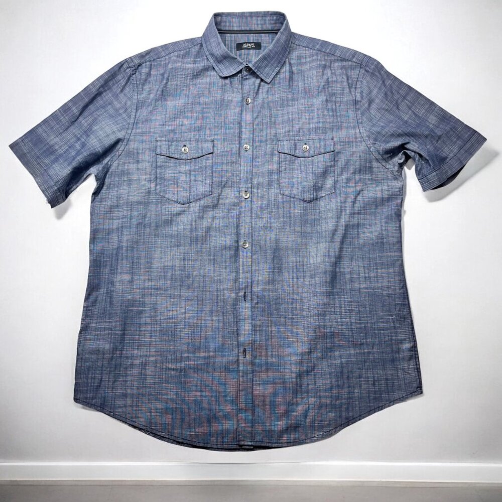 Alfani Mens L Regular Fit Blue Short Sleeve Plaid Button-Up Shirt skater western